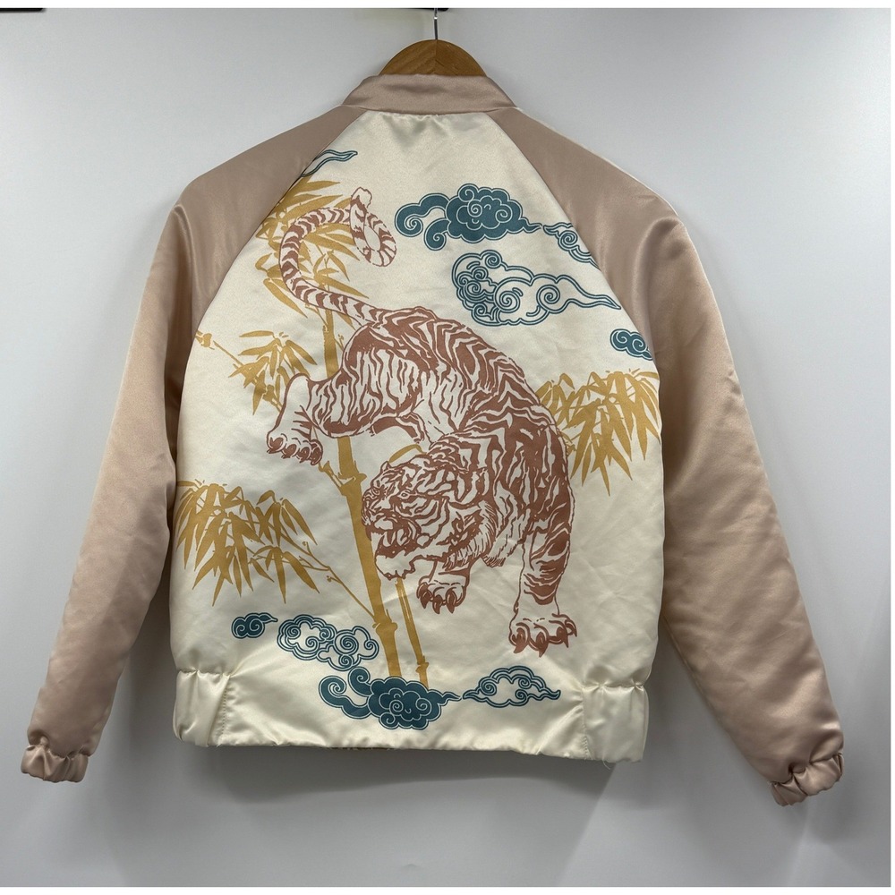 Zara Basic Women Cream Pink Tiger Bamboo Print Satin Bomber Jacket Small - Picture 6 of 10